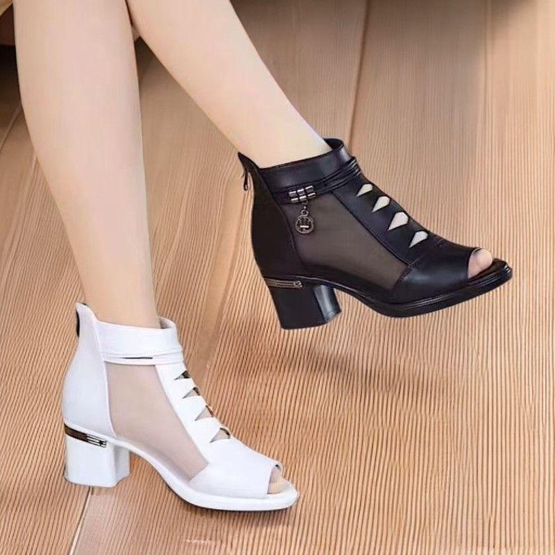 Giày Hở Mũi Gót Chunky, Da Mềm Thật, Chất Lượng Cao, Hàng Mới Về Mùa Lò Xo Và Mùa Hè, Dành Cho Nữ, Lưới Thoáng Khí Và khoét lỗ, Dép, Bốt Lưới, Gót Giữa Chống Trượt, Giày Hàng Đầu, Có Sẵn Với Hơn 1000 Đơn Hàng Trong Một Tuần 3