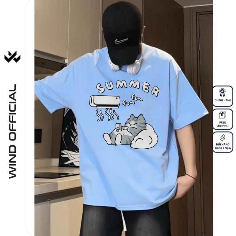 Áo thun tay lỡ WIND unisex form rộng Cat Sleep 65% cotton thời trang nam nữ oversize ulzzang Menswear Cổ Tròn 4