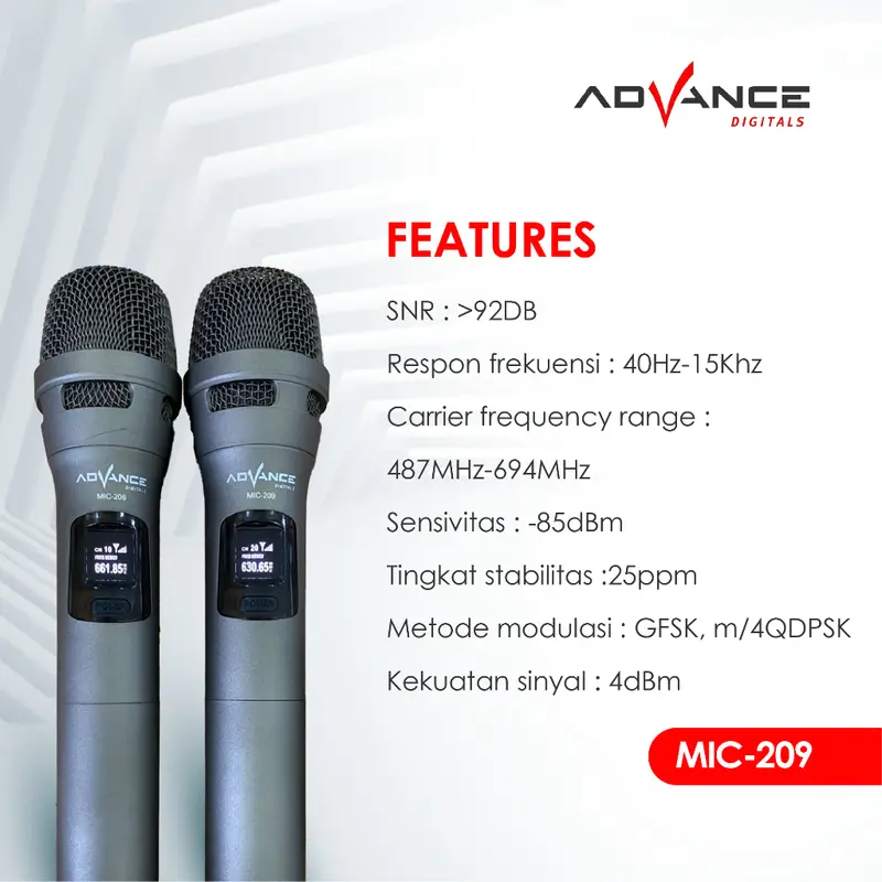 ADVANCE MIC-209 2Mic Digital Wireless Mic Microphone/Mikrofon Bluetooth Profesional Mic Wireless Bluetooth Microphone Termasuk tombol volume untuk menyesuaikan volume 2