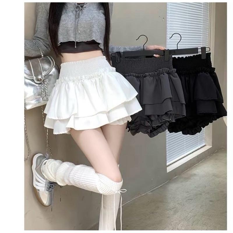  Chân váy 2 tầng trắng đen bèo xòe ngắn coquette phồng chất đũi lưng chun có quần bảo hộ CV039 Nữ Women Ren 