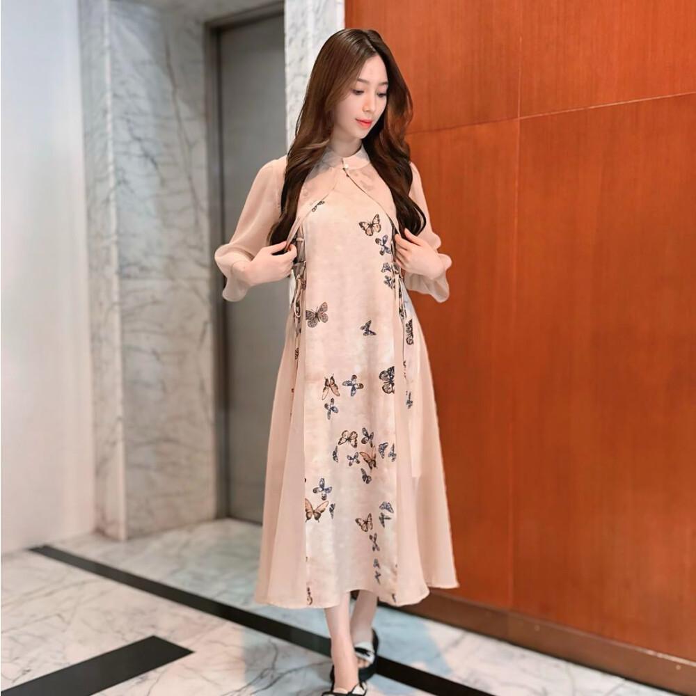 CHICMORE Gaun manis lengan tiga perempat motif kupu kupu untuk wanita ...