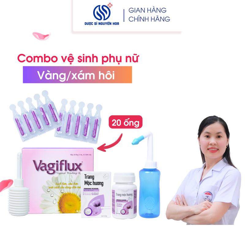 COMBO VÀNG/XÁM HÔI - Bộ Vagiflux (20 ống kèm bình rửa) + Bột vệ sinh phụ nữ Trang mộc hương kèm bình dốc ngược