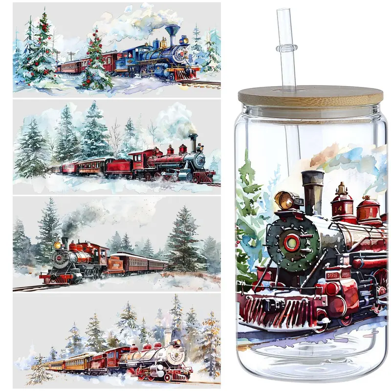 Christmas Steam Train Pattern Glass Cup Sticker, 5 Counts/set Waterproof Punk Transfer Sticker, Decorative Sticker for 16oz Glass, Cups, Crafts 2