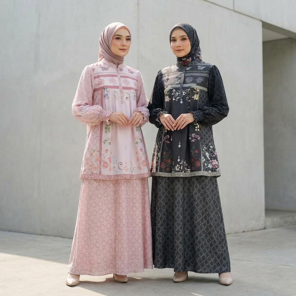 CHICMORE Setelan dua potong atasan dan rok bawah gaya baru dengan motif cetak