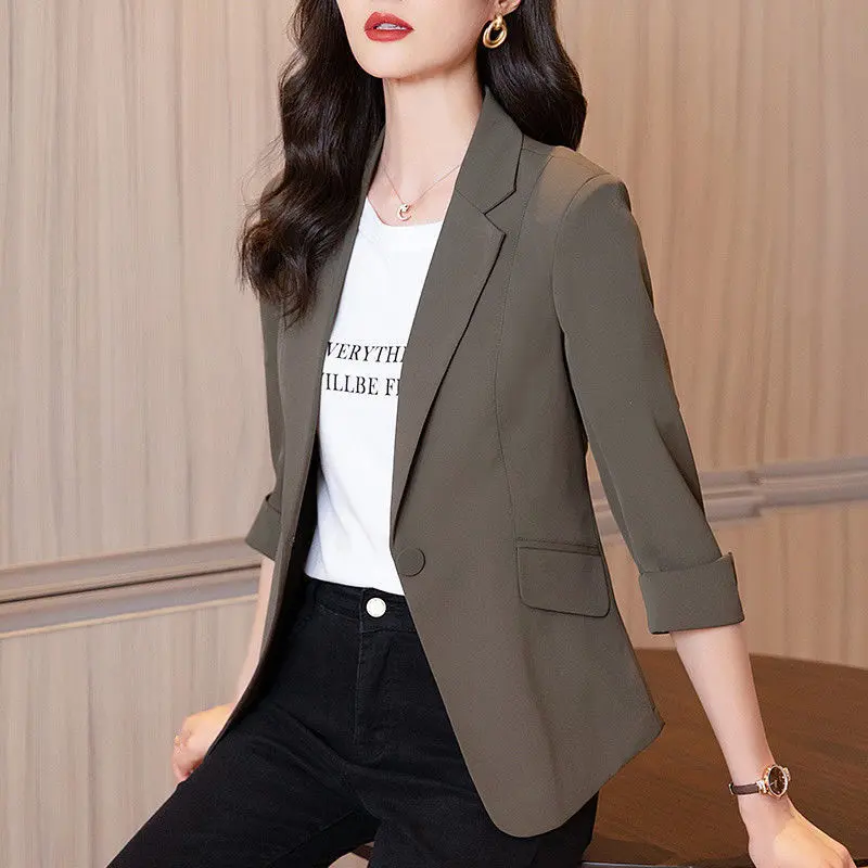 【LINNVZHUANG】Blazers Solid Color Elegant Blazer Casual Thin Women Jacket V-neck Office Suit Coat
