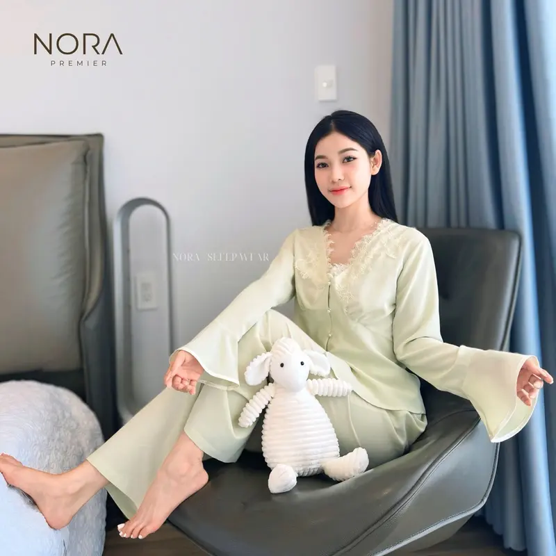 Bộ mặc nhà phối ren cổ tay loe xanh  MS2583 2