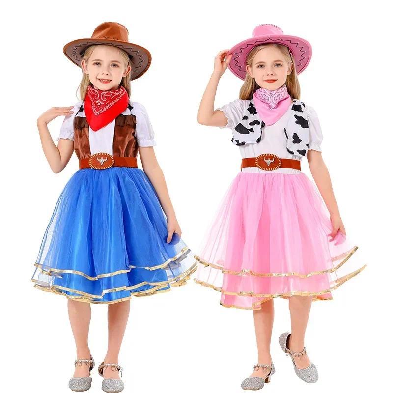 Product Introduction of Halloween New  Anime Cosplay Western Cowboy Outfit Children's Holiday Party Girls Dress Costume Cowboy Hat 2
