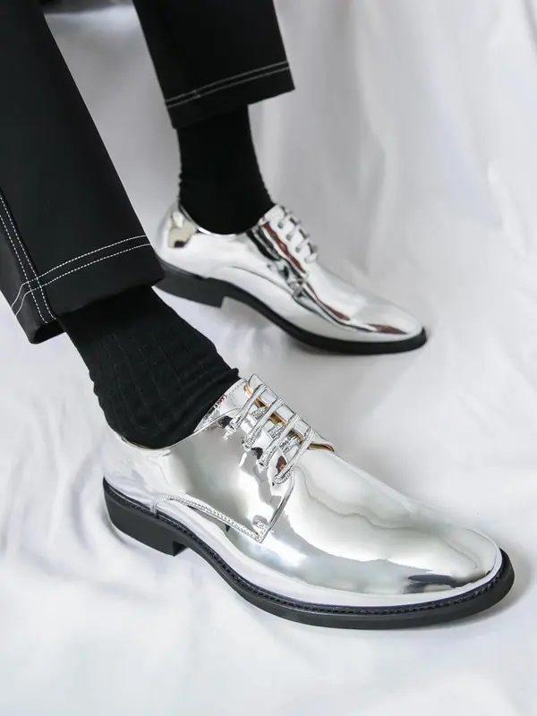 Men's Fashionable Glossy PU Leather Dress Shoes, Stylish Brogue Design Shoes for Party, Daily Clothing Decor for Men, Footwear 6