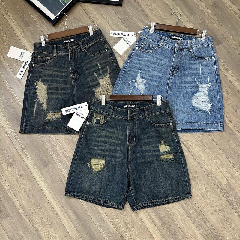 Quần Jean Ngố Rách Cào Thêu Chữ Lửng Lưng Cao Có Túi - Size S-5XL