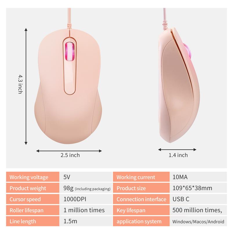 Product Introduction of In Stock Type-C Interface Silent Wired Mouse Compatible with Thunderbolt for Girls Laptop Tablet Phone 23