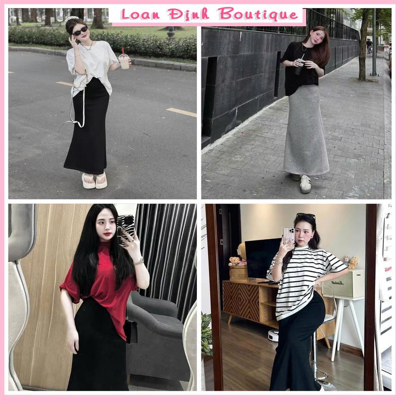 Set Váy Áo Đuôi Cá Trơn Basic, Áo Phông Trơn Dáng Thụng , Mix Chân Váy Midi Dài Đen Trắng Đỏ Dress Nữ Áo Top Women Loan Định Boutique LD115 Cotton Umi