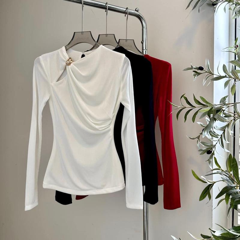 Áo Thun TD Túi Zíp Cổ Tròn Kết Khuy Cài Kim Loại Xoắn -Tay Siêu Dài Chất Thun Nhũ Lụa - Nữ