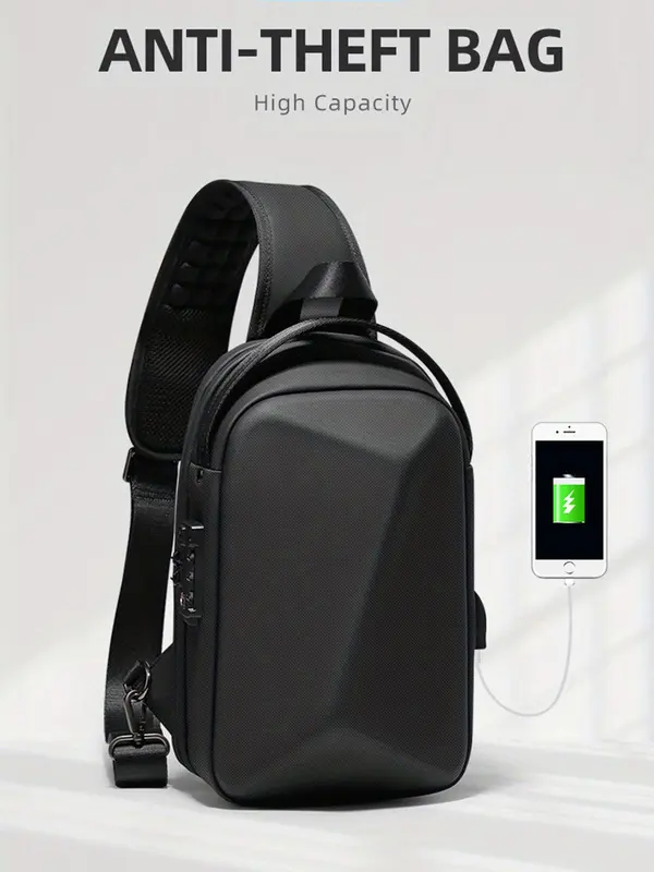 Men's Business Solid Color Sling Bag, Large Capacity Shoulder Bag, Usb Charging & Waterproof Crossbody Bag, Casual Office Computer Bag for Daily Used 3