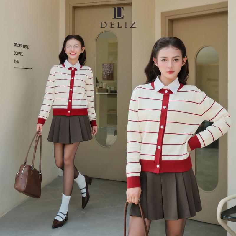 Áo len dài tay cardigan tông màu đỏ trầm phối kẻ basic DELIZ - CD835 Top