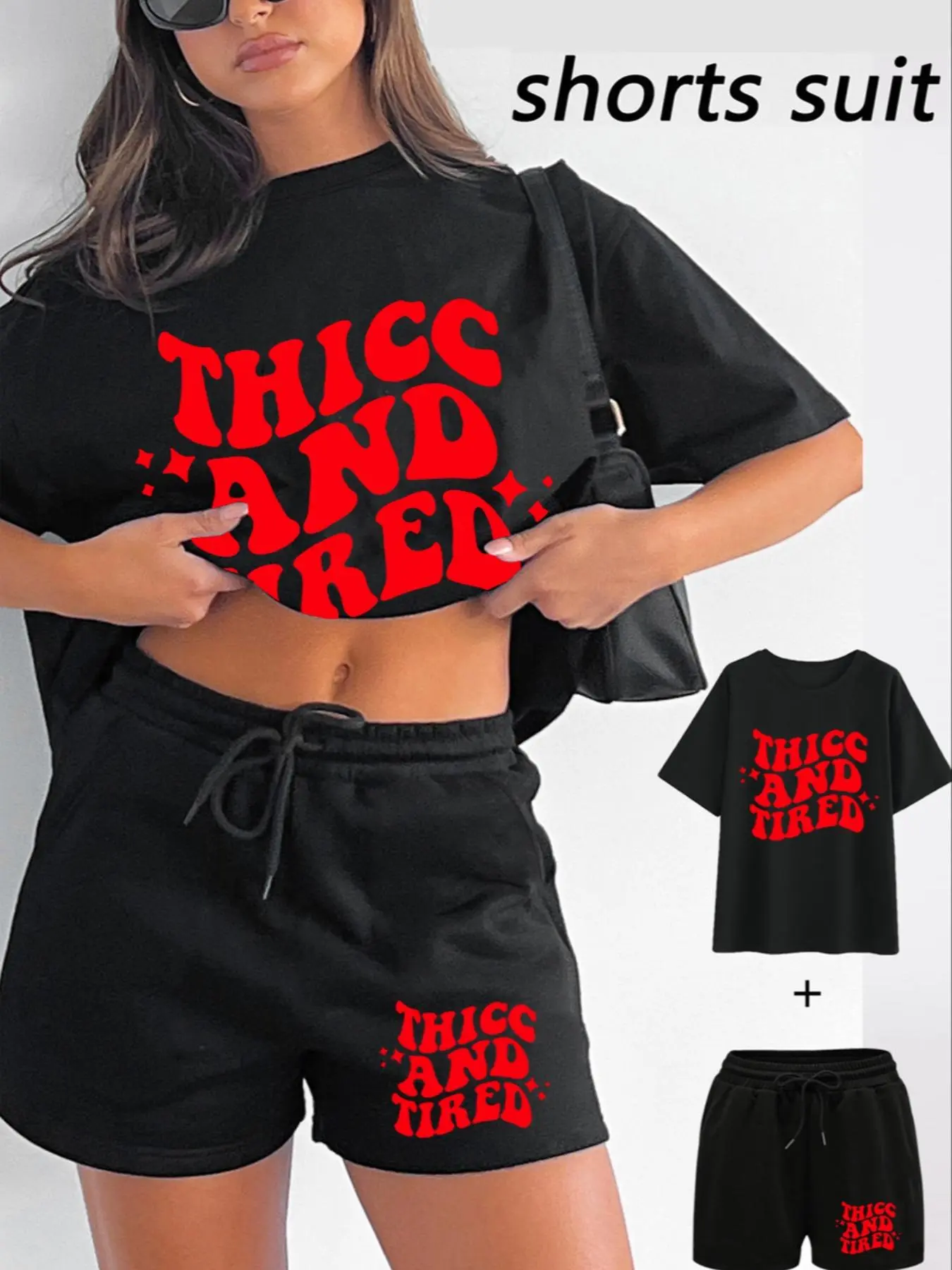Women's Letter Print Tee & Drawstring Shorts Set, Casual Fashion Cozy Round Neck T-shirt & Shorts, Ladies Summer Clothes