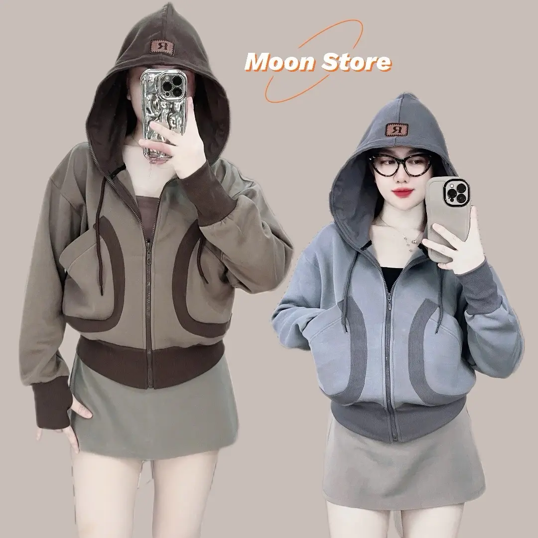 Áo khoác pc cotton mix gân dày dặn, phối viền mới, nón thêu logo, form 6 túi tiện lợi
