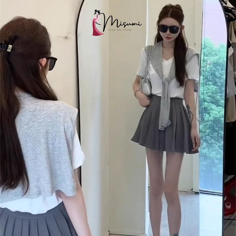 Sét váy MISUMI gồm áo thun ngắn tay, chân váy xếp ly kèm khăn choàng phong cách Hàn Quốc ngọt ngào dễ thương SET6 5