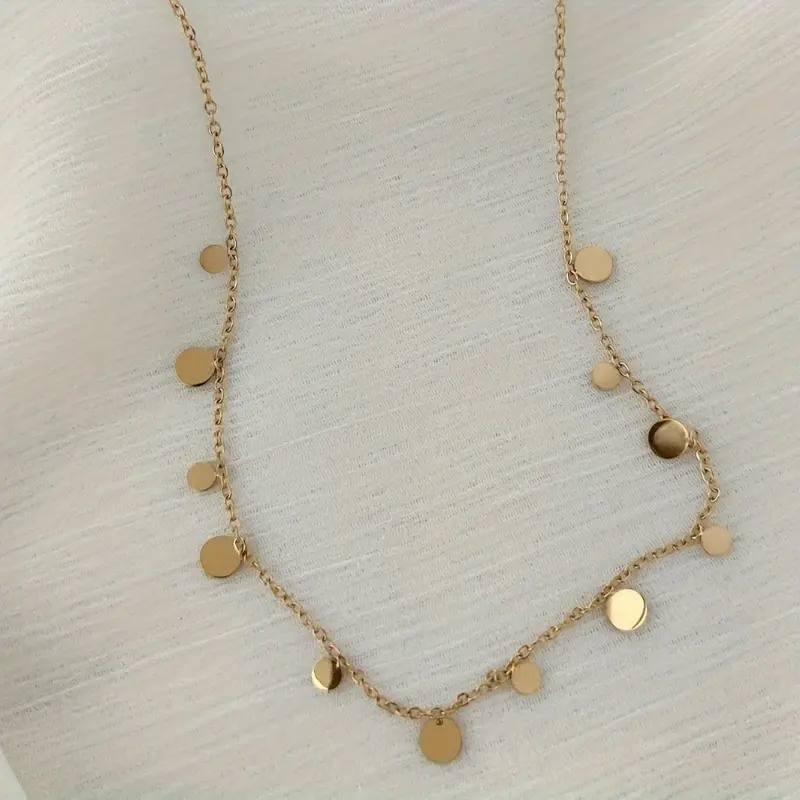 18K Golden Plated Stainless Steel Necklace for Women, Elegant Vintage Style Geometric Circle Pendant Choker, Daily Wear Chain Jewelry, Gift-Ready - 1pc 2