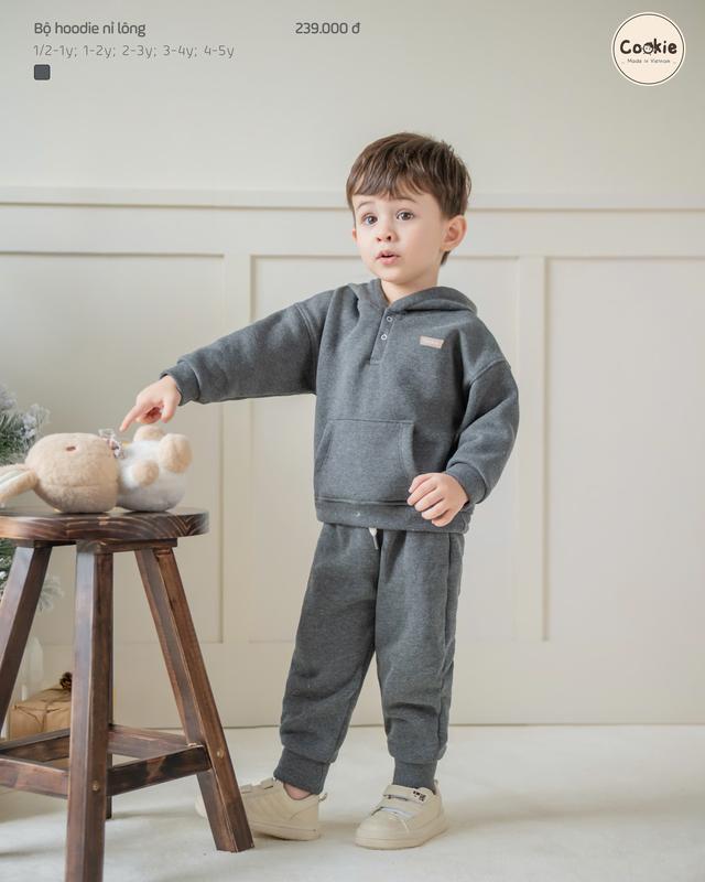 Bộ Quần Áo Hoodie Nỉ Lông Cookie Cho Bé Trai, Gái Size 1/2-1Y Đến 4-5Y, Chất Nỉ Lông, Bộ Dài Tay Cho Bé Heo, Bộ Quần Áo Bé Trai Lót Nỉ