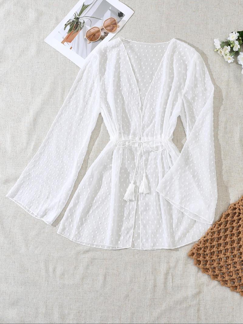 Product Introduction of Women's Solid Color Tie Front Chiffon Cover Up, Casual Sexy Sheer Cover Up for Beach Holiday Vacation, Ladies Swimwear for All Seasons, Clothing 9