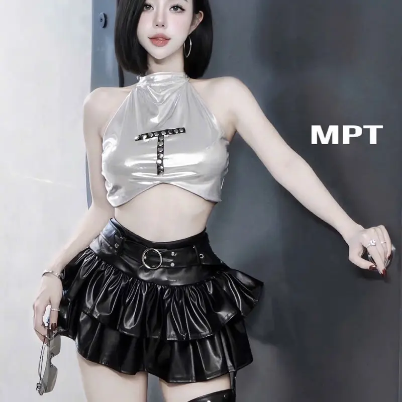 Set áo da dãn mỏng T mix chân váy da 2 tầng kèm đai siu xịn  Size M