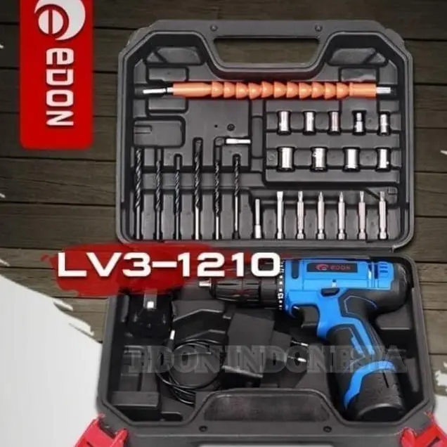 Mesin Bor Cordless Charger EDON 12V Lithium LV3-1210 Koper 2 Baterai