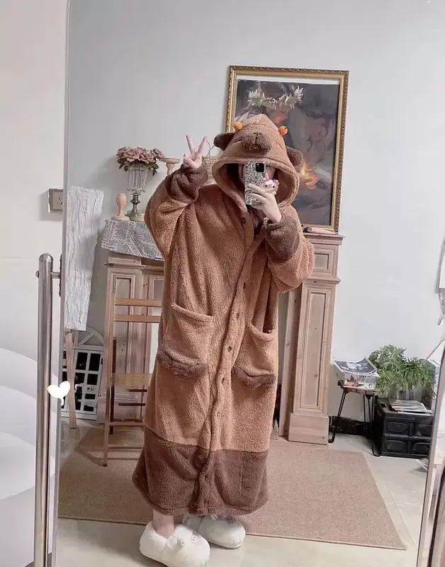 Áo choàng/Váy/ Bộ liền ngủ lông dài tay Capybara, Bộ đồ ngủ nữ mùa đông Capybara Áo ngủ Capybara Bộ Đồ Ngủ Vải Bông Nhung Capybara Dễ Thương T23 6