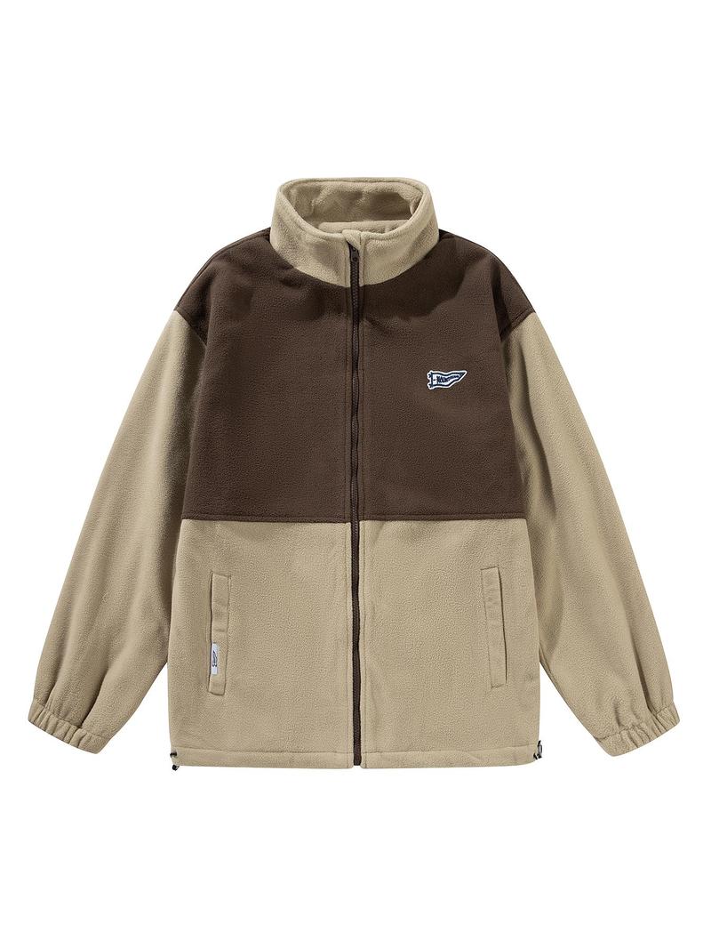 Product Introduction of Men's Colorblock Zip Up Polar Fleece Jacket, Loose Casual Long Sleeve Stand Collar Coat for Fall & Winter, Men's Clothes for Daily Wear 1