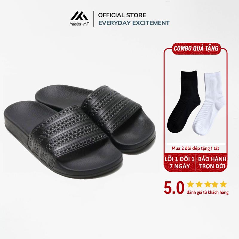 Dép quai ngang nam nữ Unisex Slipper M Masler-MT 3 sọc màu đen với đế chống trượt quai êm chân DT2