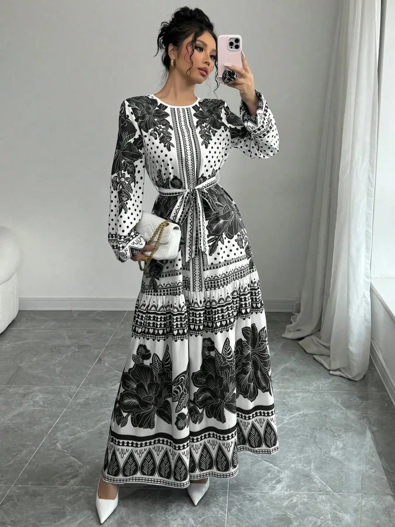 Women's Floral Print Belted  Dress, Elegant   Long Sleeve A Line Dress for Spring & Fall, Women's Clothing for Daily Wear
