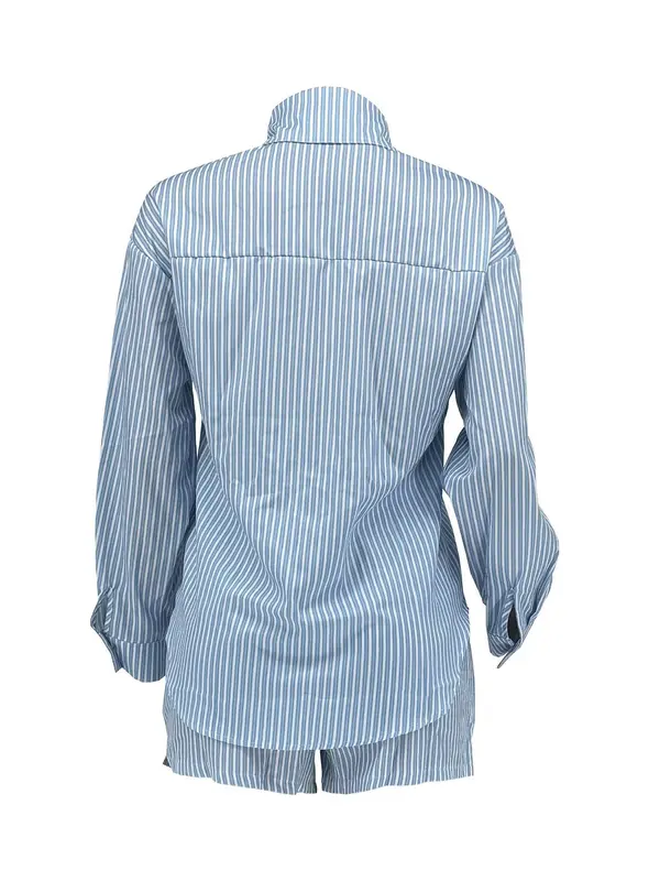 Women's Striped Print Button Shirt & Shorts Set, Casual Short Sleeve Collared Top & Shorts for Daily Wear, Ladies Two-piece Outfits for All Seasons 7