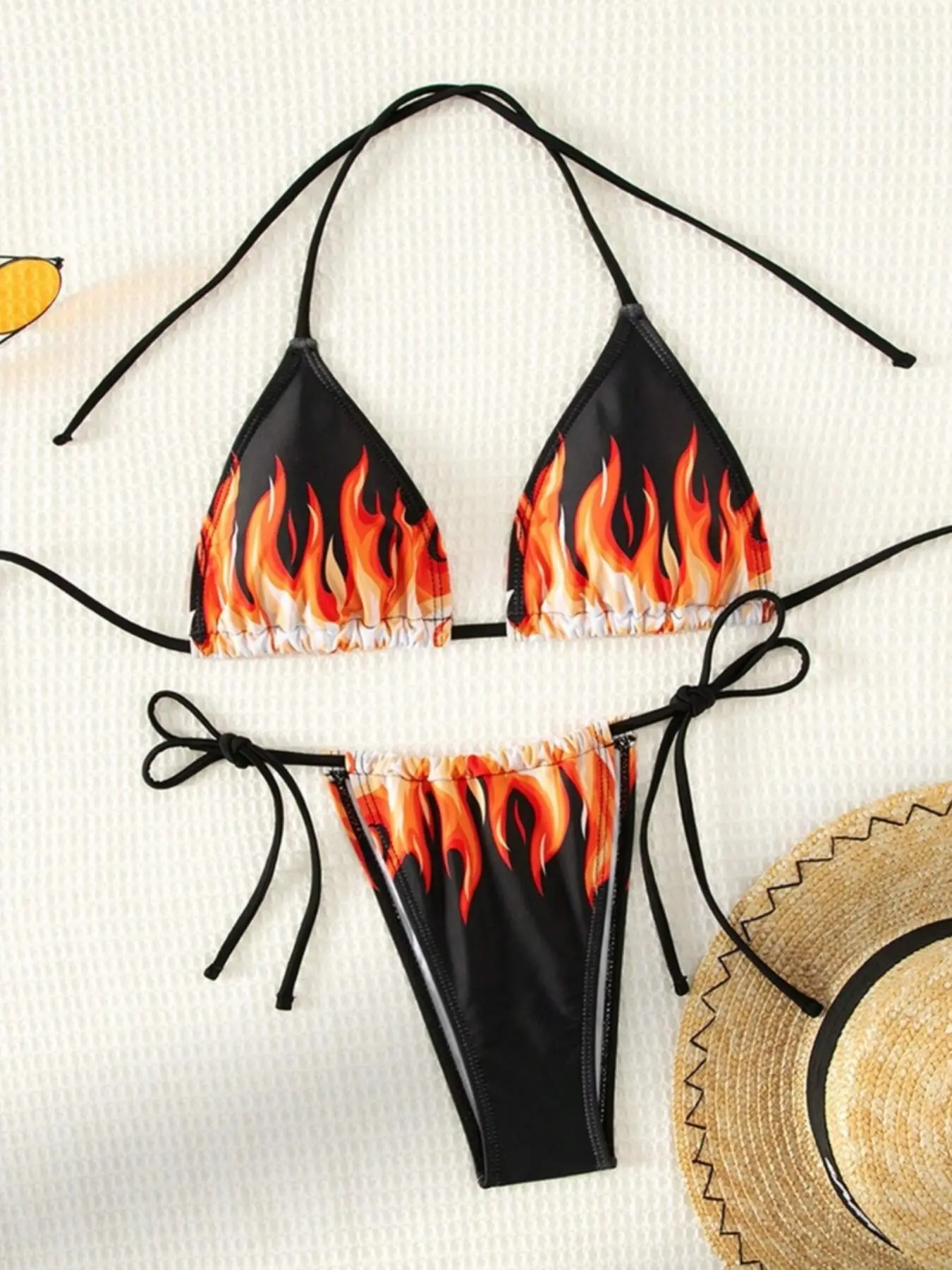 Two-Piece Set Women's Fire/Butterfly Print Halter Bikinis Set, Casual Adjustable Swim Bra & Tie Side Swim Panty for Beach Holiday, Ladies Bathing Suit for Summer