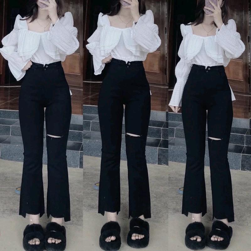 Quần jean ống loe lưng cao nữ rách gối 1 bên vải jean giấy co giãn tốt Q55 1