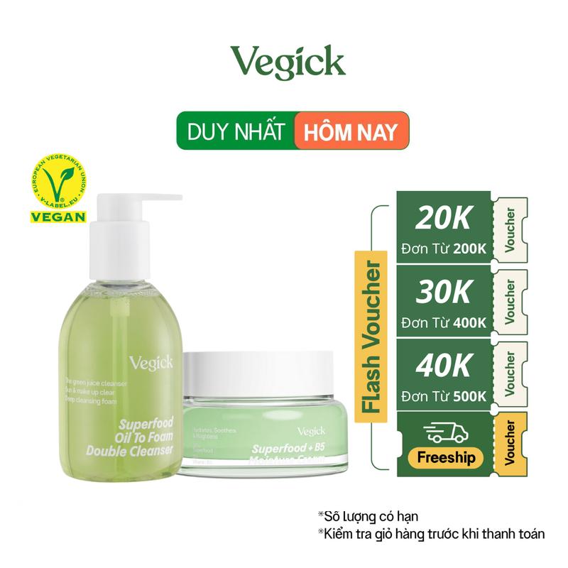 Bộ Đôi Sữa Rửa Mặt Thuần Chay Tẩy Trang Làm Sạch Sâu Vegick Superfood Oil To Foam Double Cleanser 195ml & Kem Dưỡng Ẩm Thuần Chay Làm Dịu Da Nhạy Cảm Superfood + B5 Moisture Cream 50ml Lành Tính Cho Mẹ Bầu/Bỉm