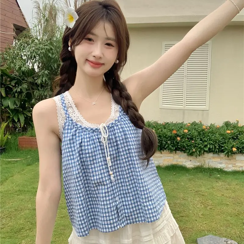Áo Yếm Kẻ Sọc, Nhỏ Và Dễ Phối Đồ, Phong Cách Duyên Dáng, Khâu Ren, Không Tay, Áo Dáng Rộng, Hàng Mới Về Mùa Hè Cho Nữ 2