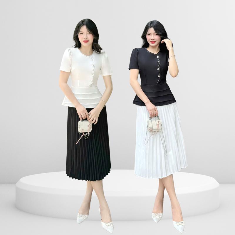  Áo peplum Nữ  KHÔNG KÈM VÁY  thiết kế Nhật Vy cổ tròn tay ngắn chất lụa phù hợp công sở dự tiệc  - D3129 Women Nhung Top 