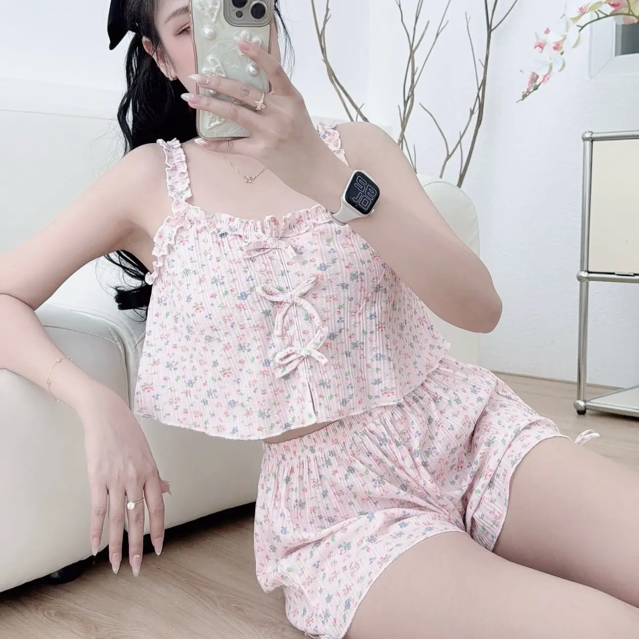 M04 set bộ ngủ nữ 2 dây phối bèo xinh xắn chất cotton mát tưng nách