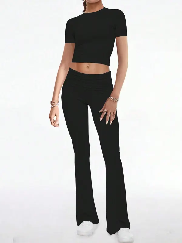 Two-piece Set Women's Solid Crop Top & Flare Leg Pants, Casual Fashion Cozy Round Neck Top & Bell Bottom Trousers for Daily Outdoor Wear, Ladies Clothes for Summer 0