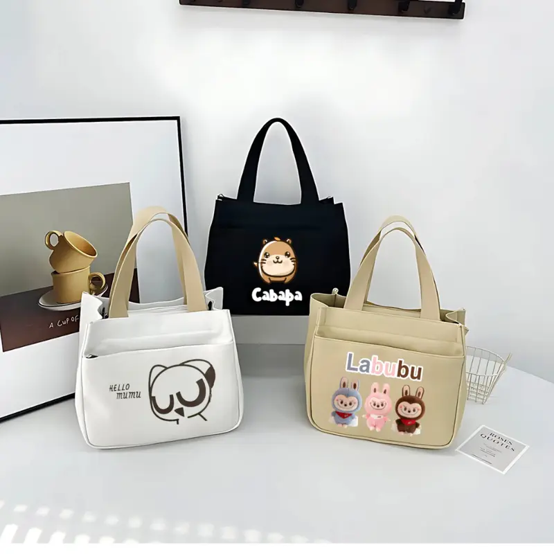 Túi mini đa năng đựng cơm,đựng mỹ phẩm sức chứa lớn vải Canvas phong cách Nhật Bản hoạ tiết Labubu Bag Hoa HAT131 2