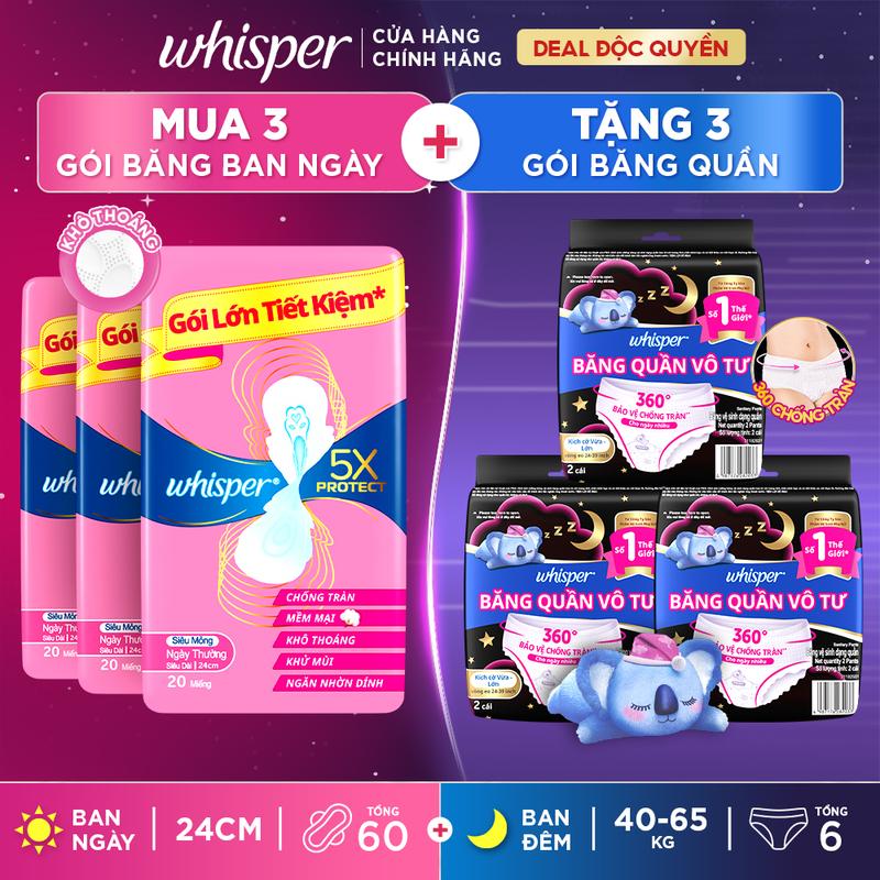 Combo ngày và đêm Mua 3 Gói Băng Vệ Sinh WHISPER 5X 20 Miếng 24cm Ban Ngày Tặng 3 Gói Băng quần WHISPER Koala Ban Đêm