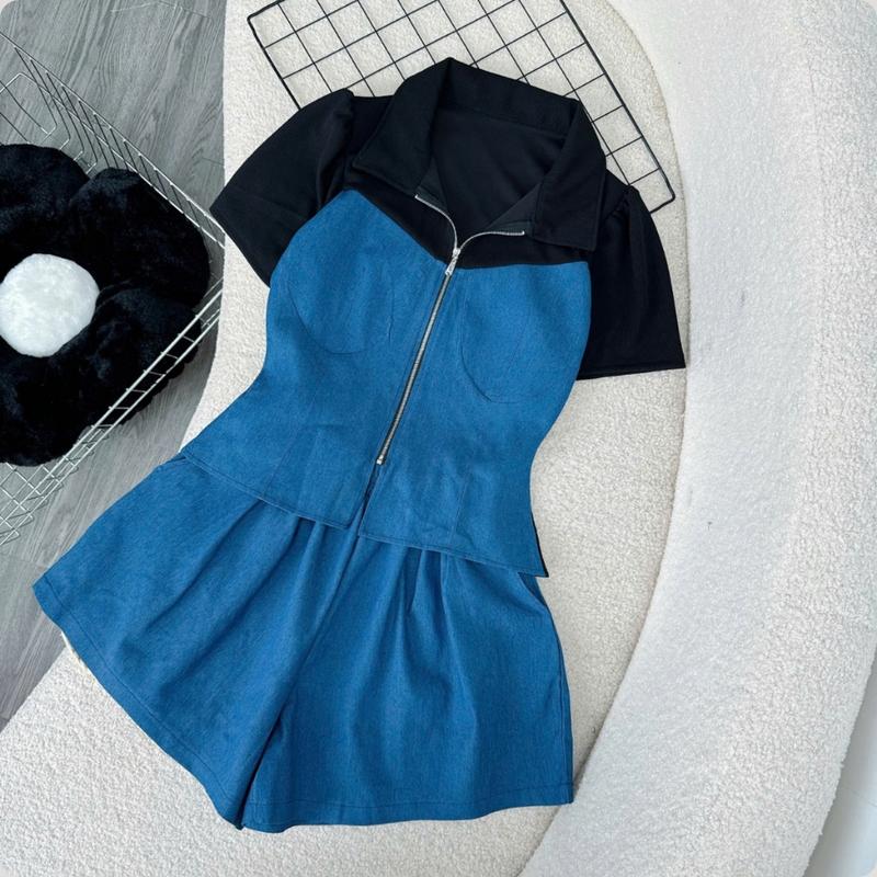  Set đồ bigsize nữ áo tay ngắn cổ bẻ kèm quần đùi ống rộng lưng thun chất jeans giấy pha thun ruby cao cấp - SET839 