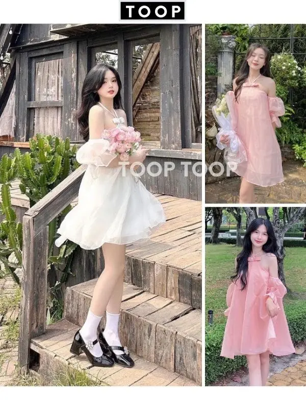 Đầm voan hai lớp cổ yếm đính nơ hở vai tay bồng dáng ngắn xoè - Váy nữ đẹp phong cách tiểu thư bánh bèo - TOOP V150