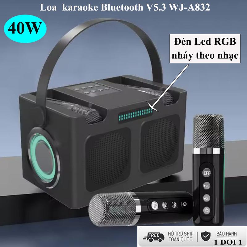 Mẫu mới - Loa Karaoke Xách Tay WJ-A832 Bluetooth 5.3 Bass Mạnh Tặng Kèm 2 Micro Thay Đổi Giọng Jack 3.5 Nghe Lớn Hát Hay Củ Loa Nghe Nhạc Kem