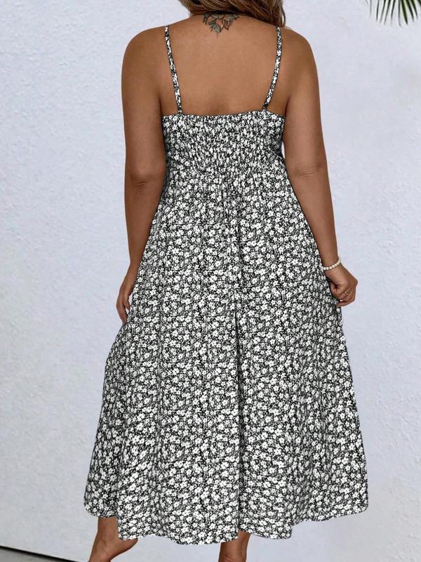 Womenswear【plus Size】 Ditsy Floral Print Shirred Split Thigh Cami Dress, College Outfits Casual Wear Boho Sleeveless Backless A-line Dress for Beach Vacation Holiday,2024 Sundress Maxi Going Out Dress, Green Dress Girl Black Dress 1
