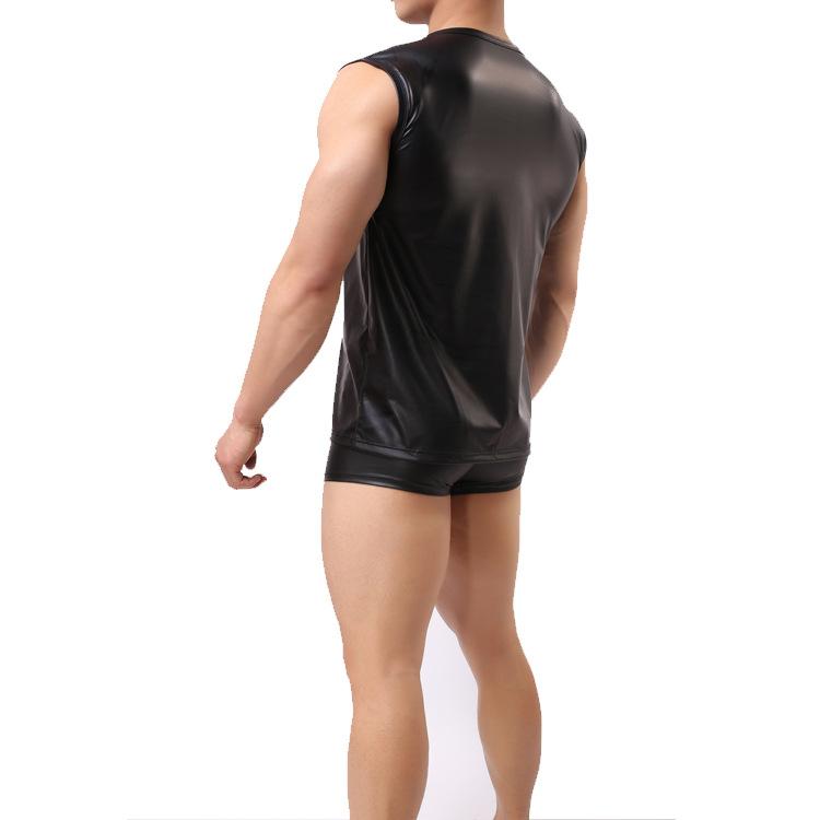 Product Introduction of New Men's Faux Leather Vest Comfortable round Neck Patent Leather Wide Shoulder Sleeveless Black Summer Hot-Selling Style inside Yiku Menswear Tops 4