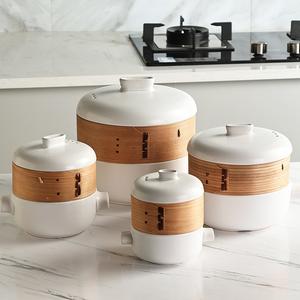 【母の日ギフト】蒸し器セット 土鍋 萬古焼風 セラミック 多層 スチーマー 竹せいろ 直火専用（IH不可） 料理研究家推奨 防熱クリップ同時購入でさらに割引