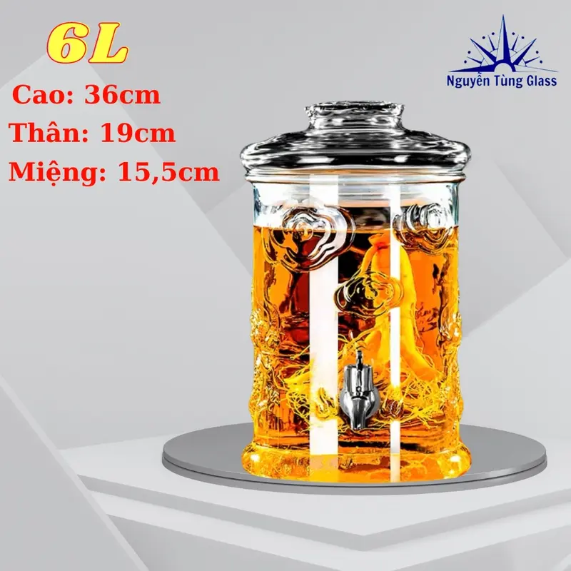 Bình Ngâm Thủy Tinh Dáng Trụ Có Hoa Văn Rồng 6 Lít  ( DUNG TÍCH THỰC 5.2 LÍT ) 6
