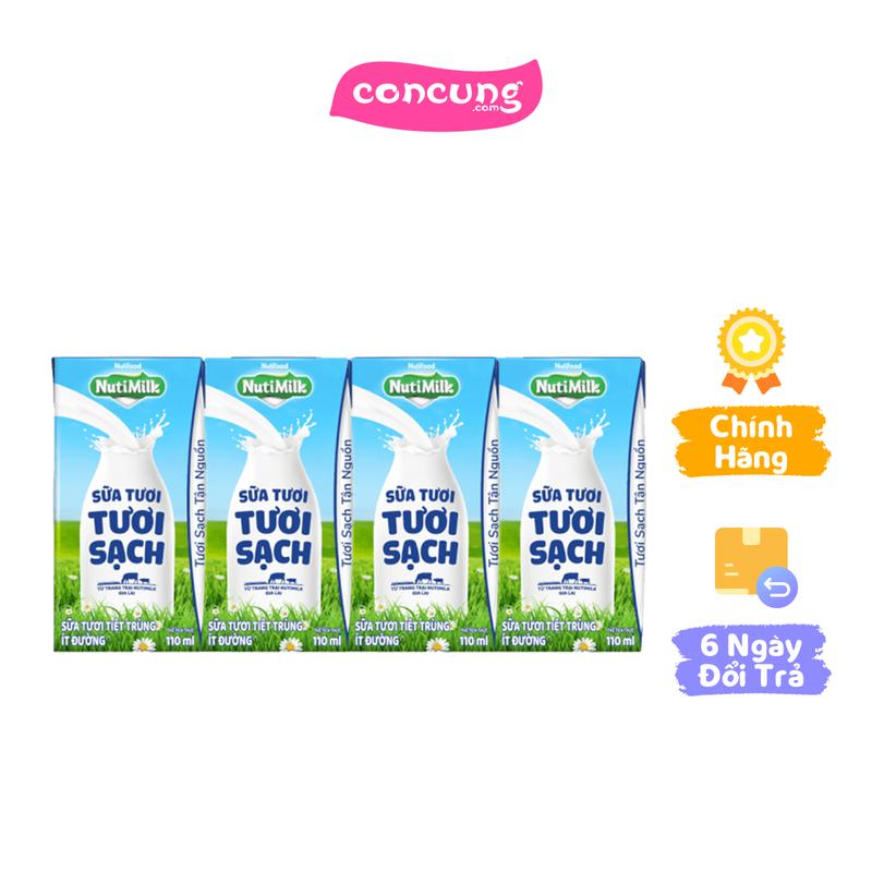 Sữa tươi sạch tiệt trùng Nutimilk, ít đường, 110ml (lốc 4 hộp)