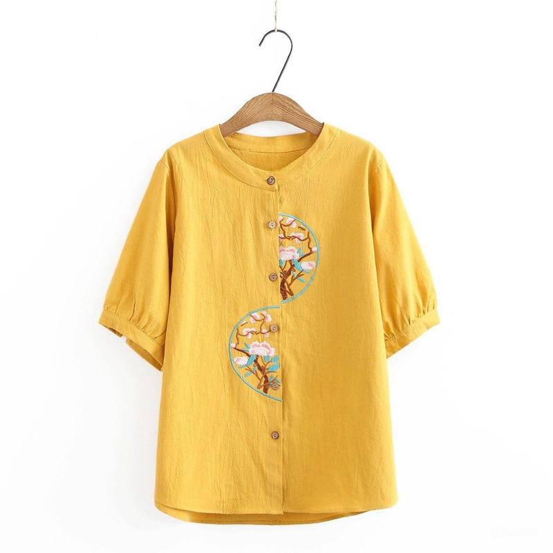 Áo Trung Niên Nữ Cổ Tròn Thêu Họa Tiết Chất Đũi Xước Nhật Phong Cách Hàn Quốc Top Women 1