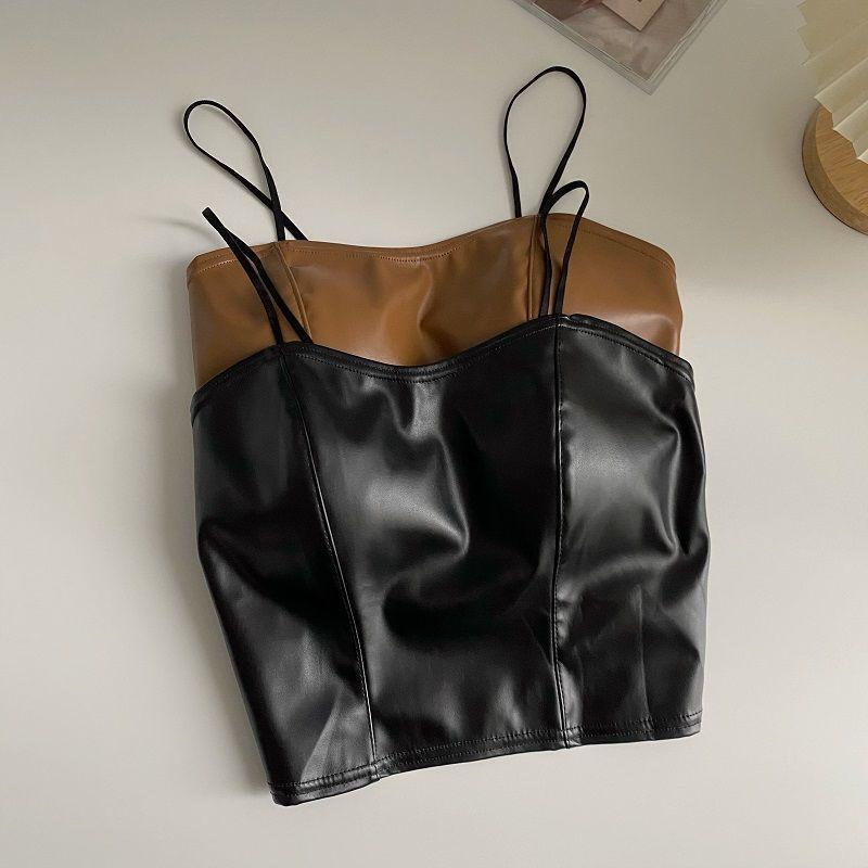 Product Introduction of European and American hot girl PU leather jacket, camisole, small vest, women's autumn outfit with chest cushion, short base shirt, top Lingerie Tube Lady Basic Minimalist Spaghetti Strap 9